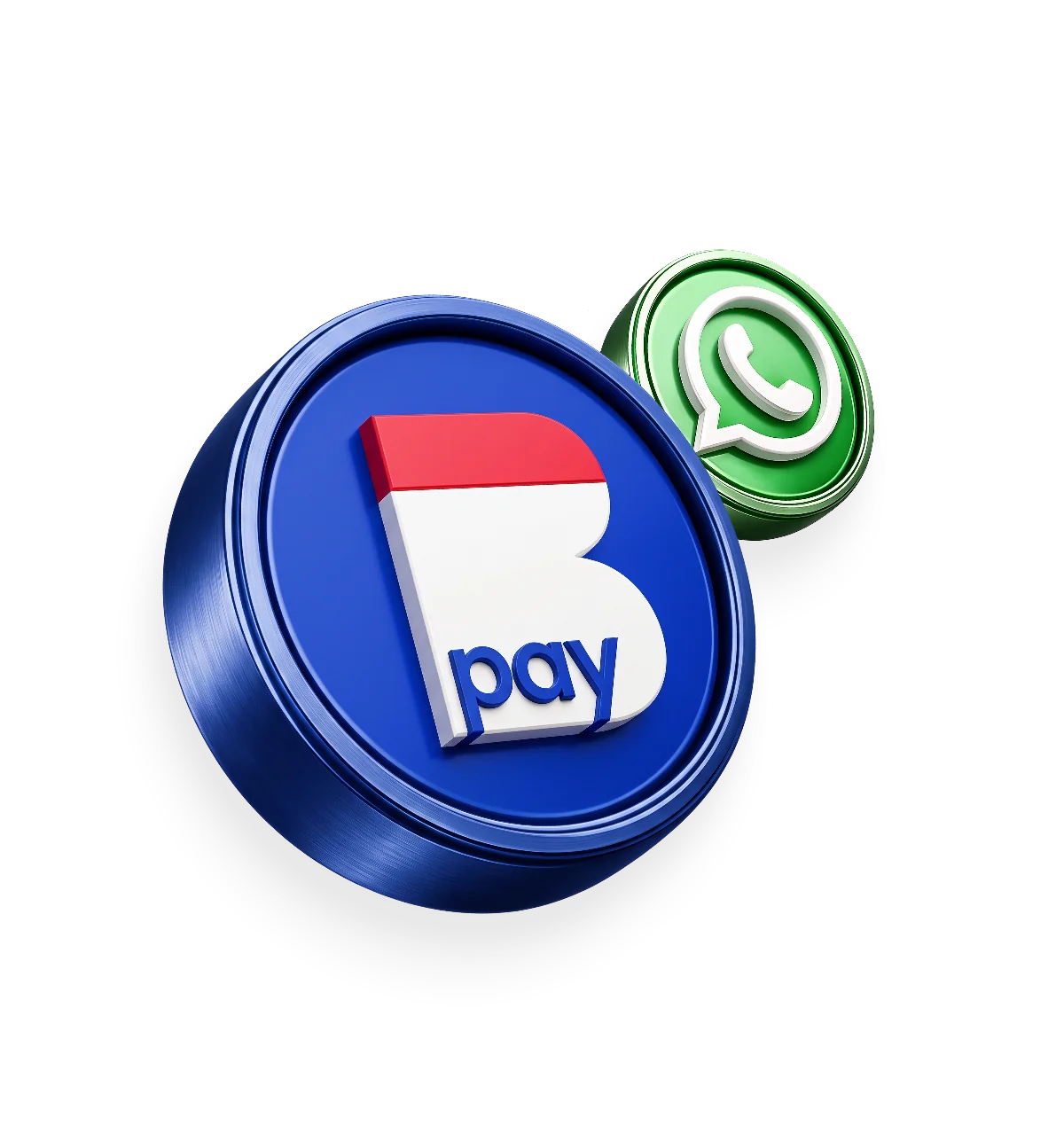 Moeda 3D com o logotipo Casas Bahia Pay e o ícone do WhatsApp