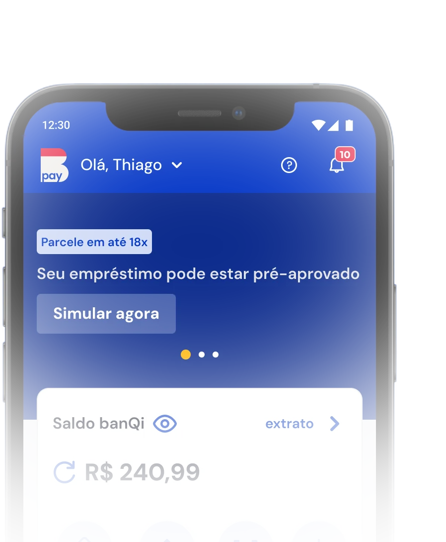 Celular com o app Casas Bahia Pay mostrando empréstimo pré-aprovado