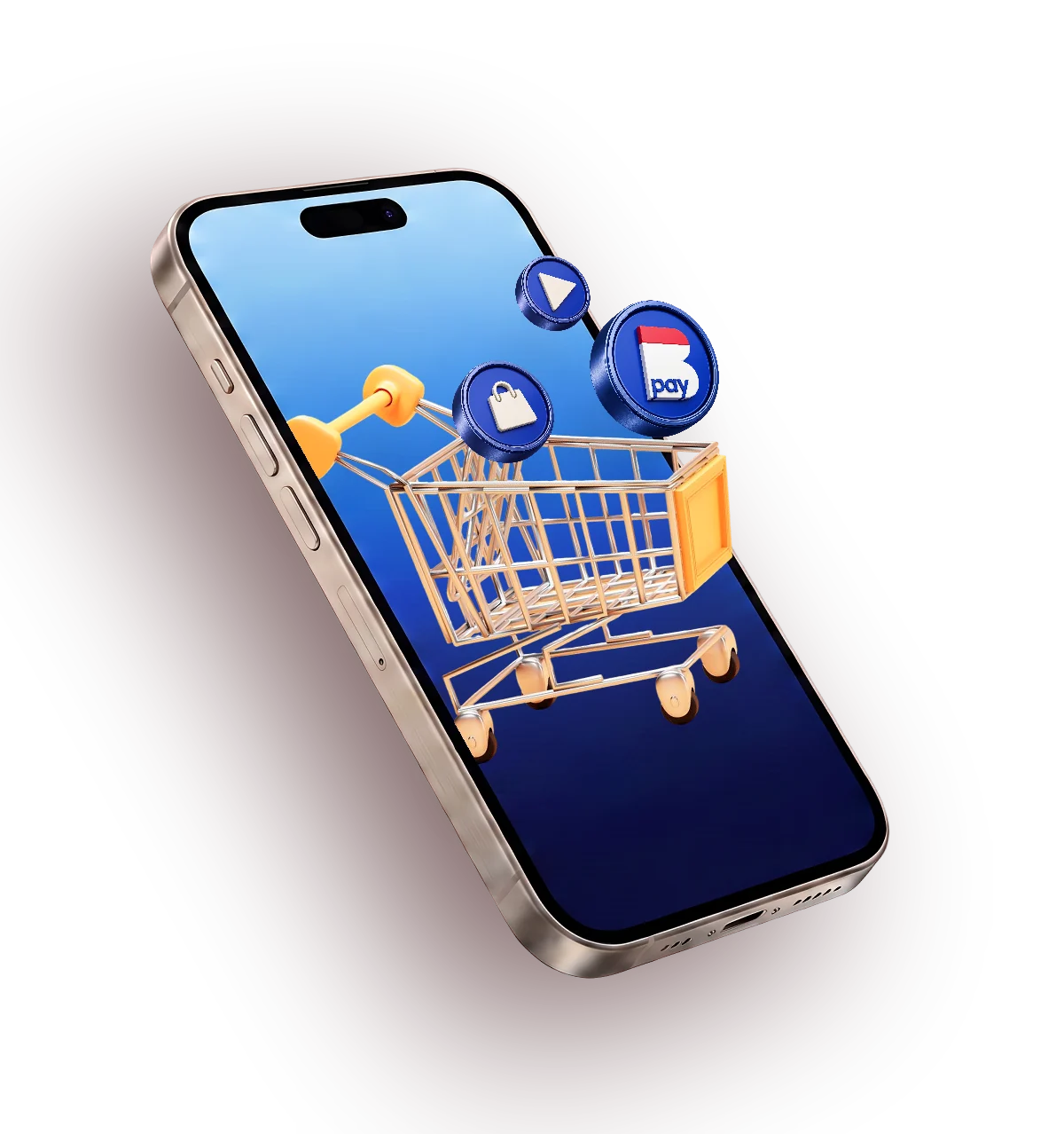 Celular com um carrinho de compras e ícones de apps saindo da tela